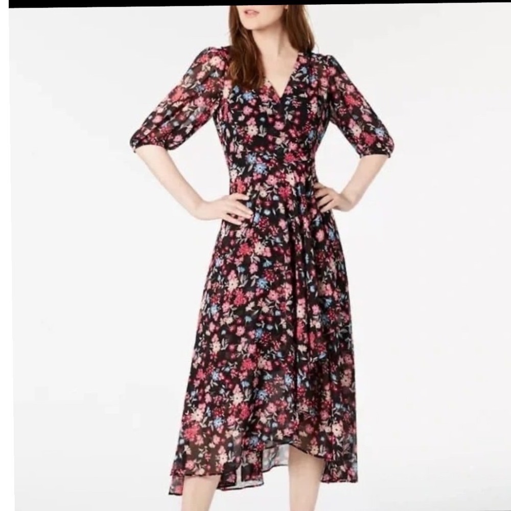 Calvin Klein Floral Chiffon Faux Wrap High Low Midi Dress Black Pink Blue 10